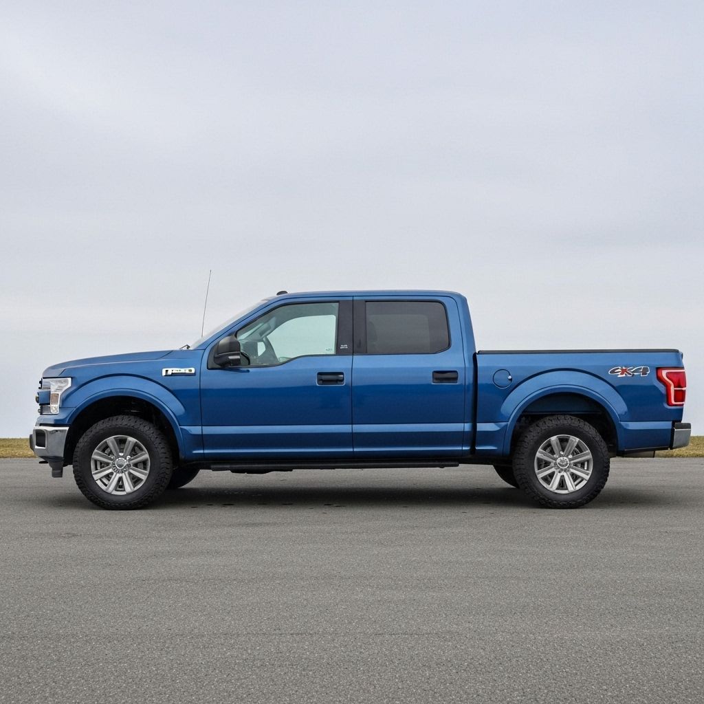 Used pickup truck towing a mid-size camper