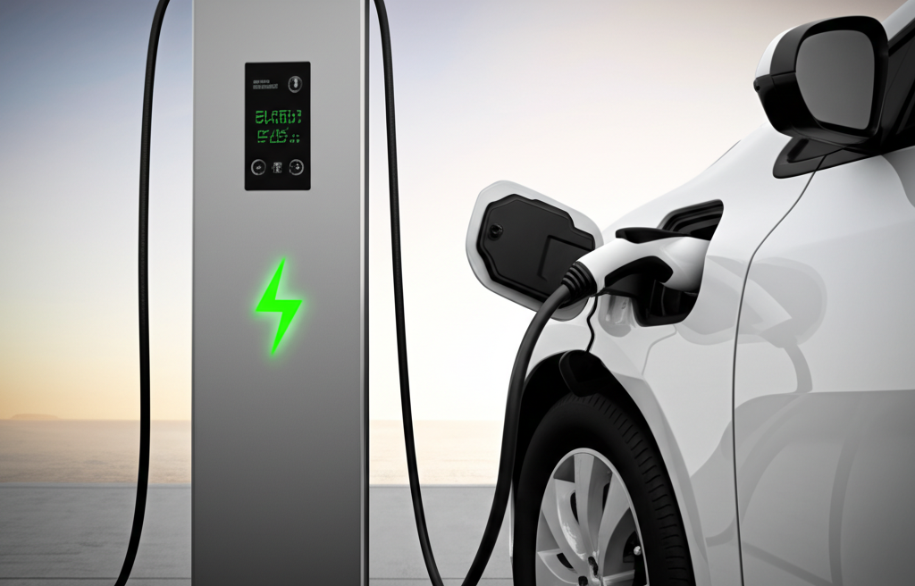 Tesla Model Y plugged into a charger while paperwork is reviewed